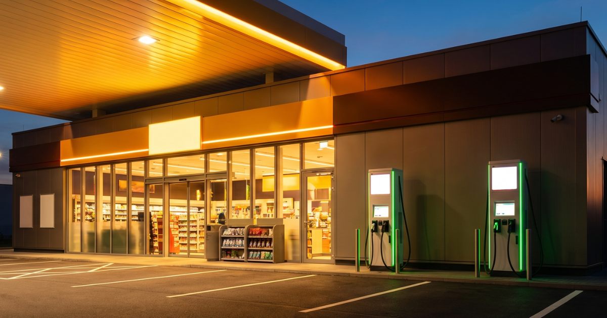 DC fast chargers outside a convenience store at dusk