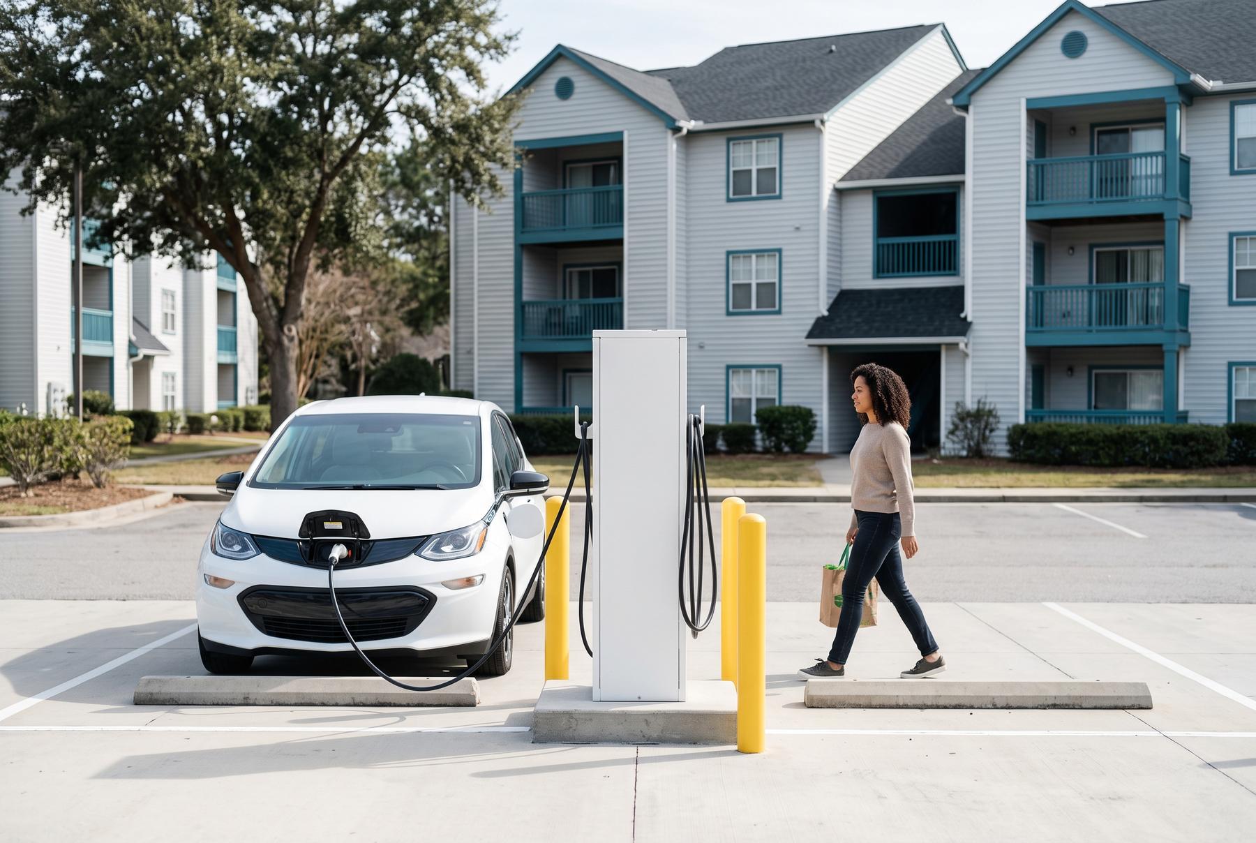 A resident walking into their building after plugging in at the community charger