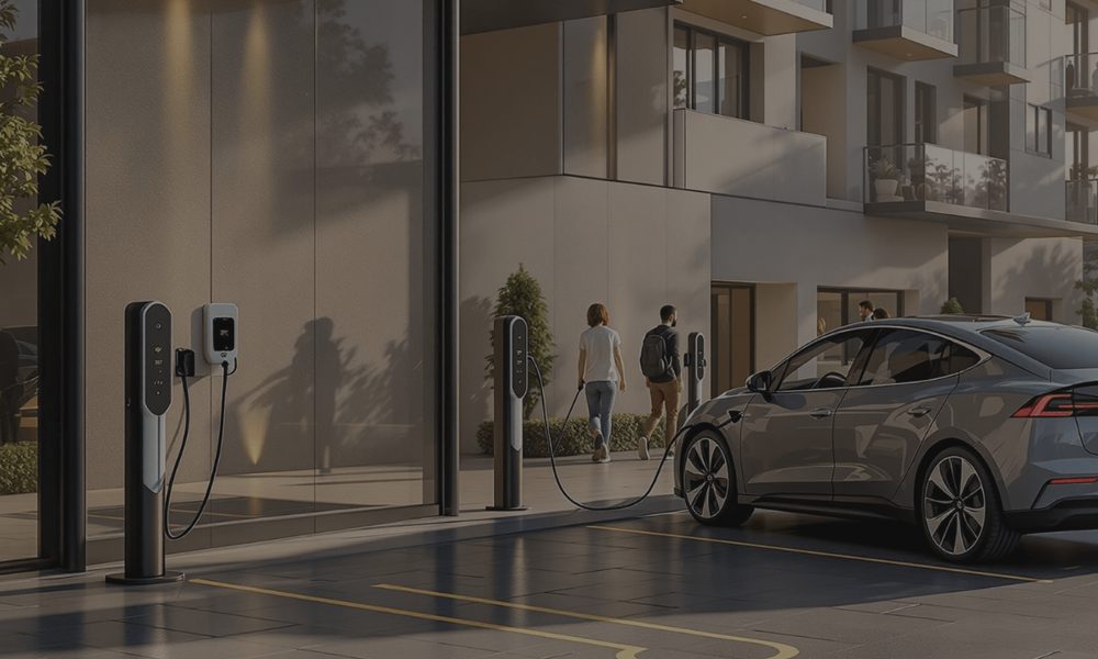 EV charging outside a hotel at dusk