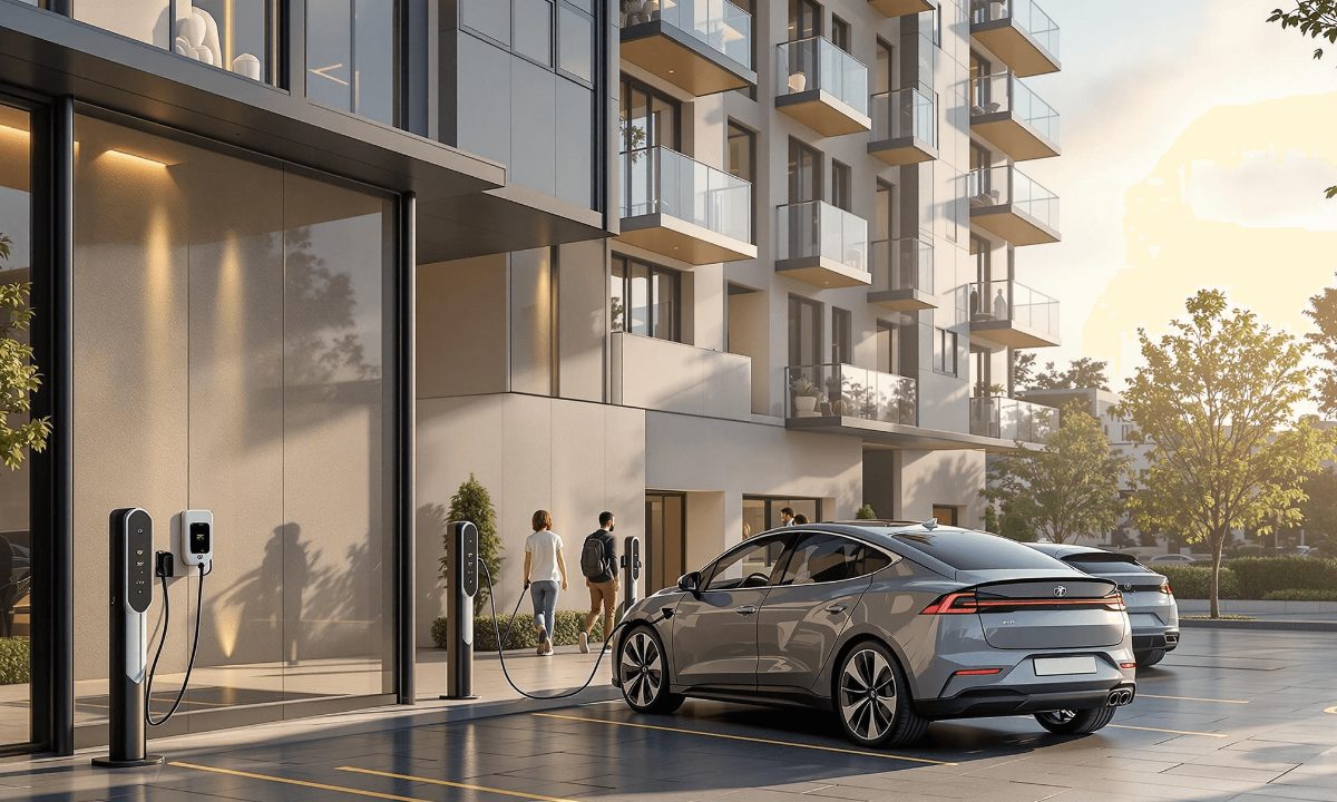 EV charging at a modern apartment community at golden hour