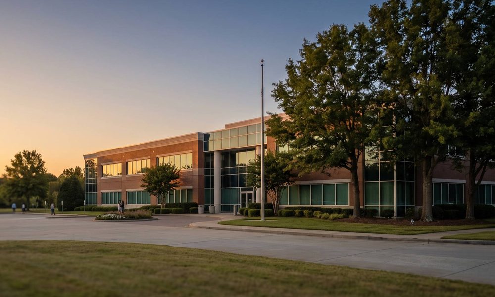 A low-rise suburban office building at golden hour
