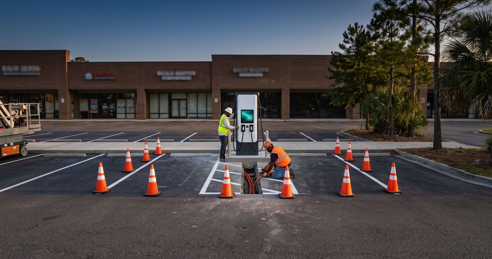 Crew installing a DC fast charger in a retail parking lot