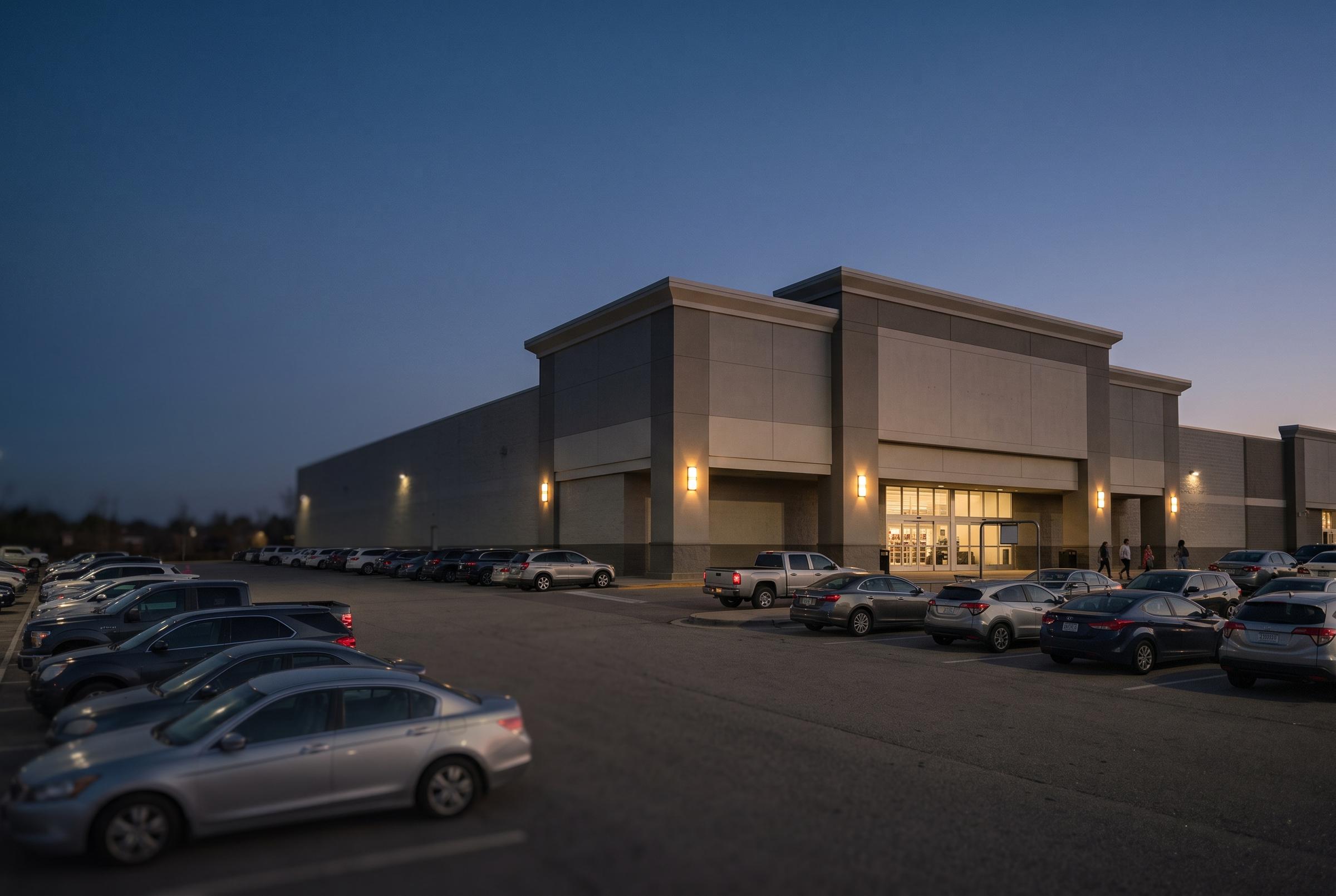 A suburban retail centre and its parking lot at dusk