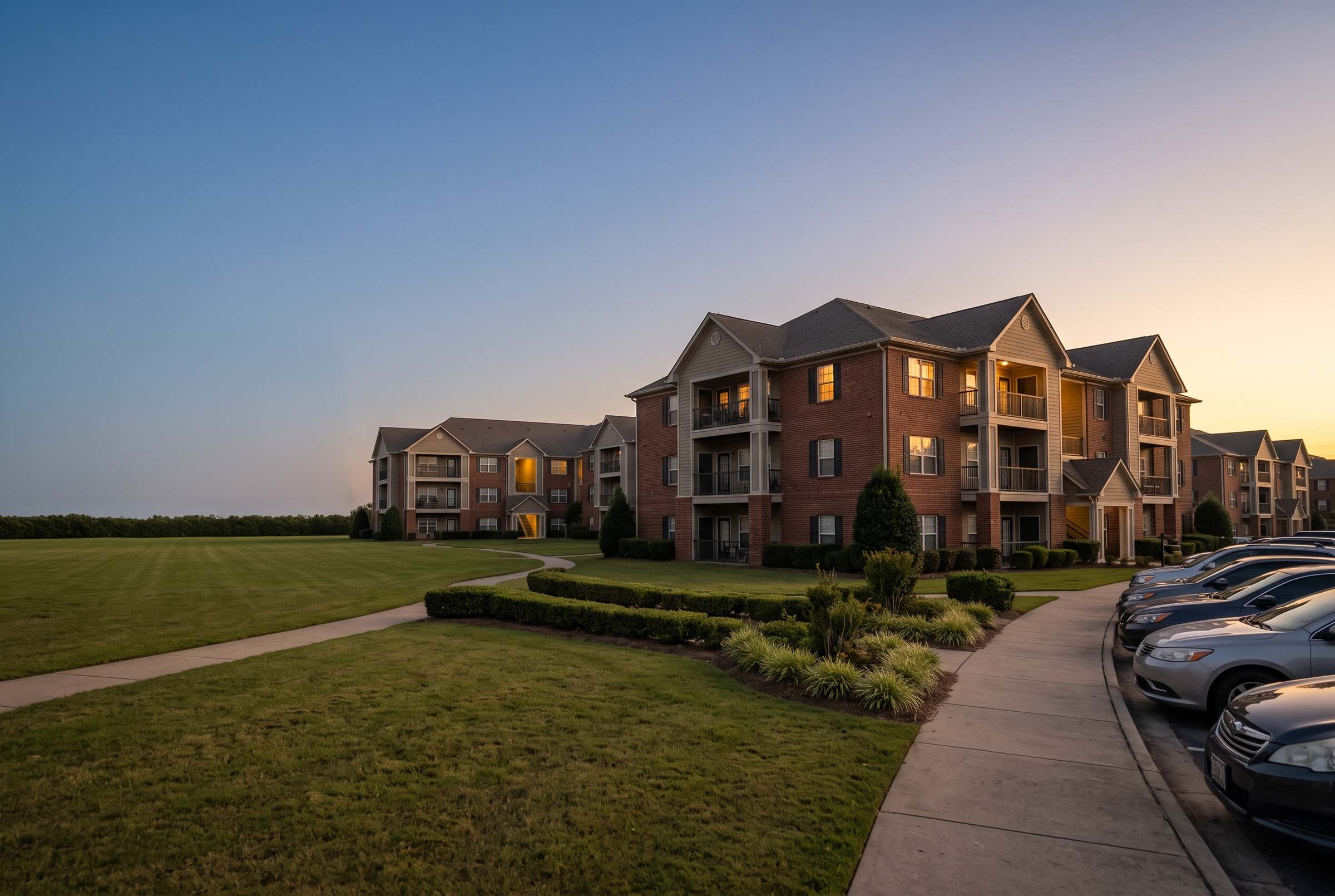 A garden-style apartment community at golden hour