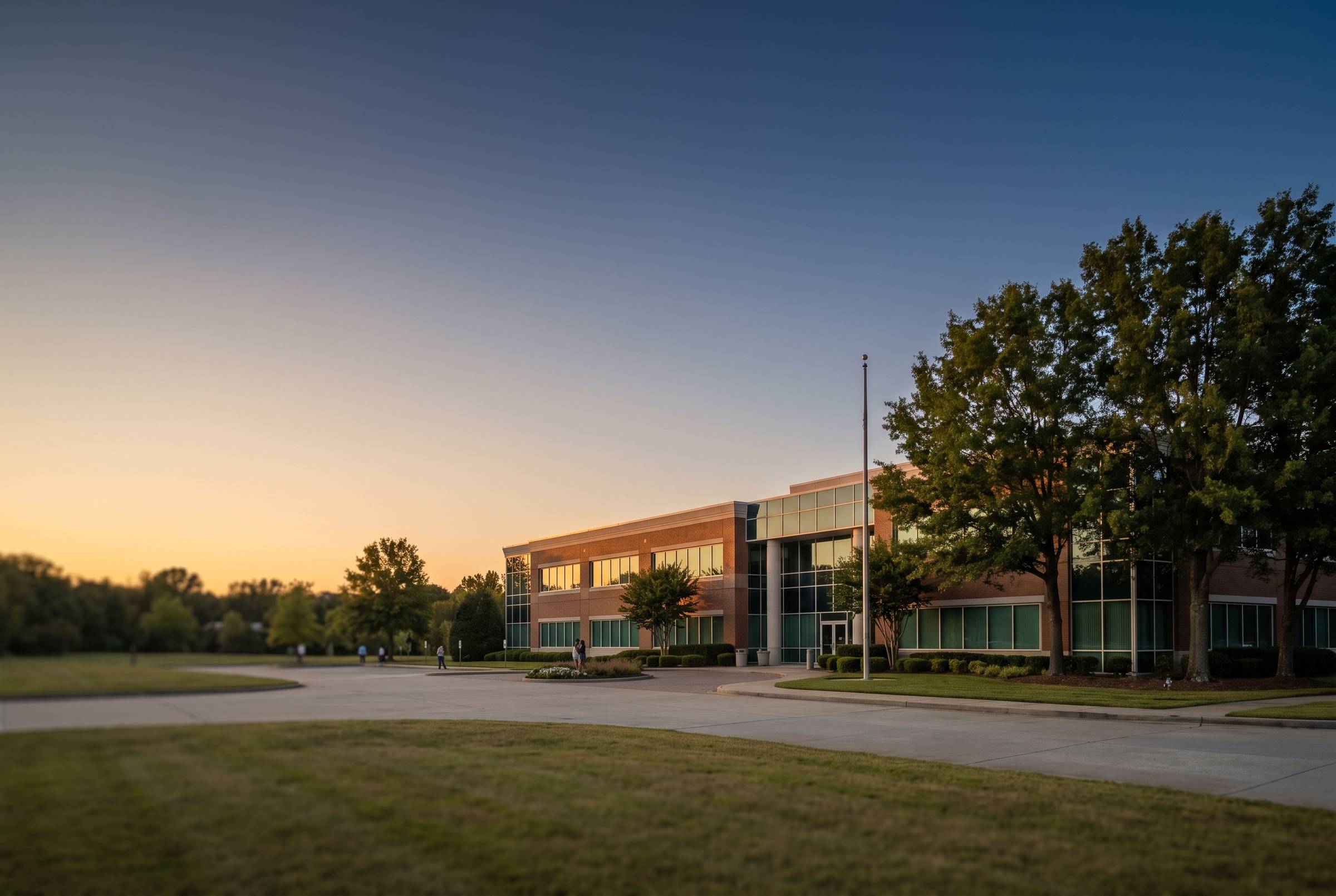 A low-rise suburban office building at golden hour