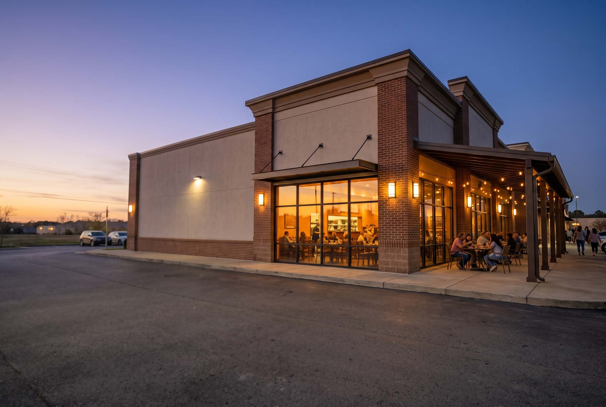 A free-standing restaurant with a lit patio at golden hour